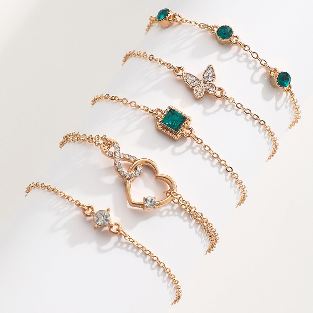 5pc Green Crystal Bracelet Set That Manifest Good Vibes Only