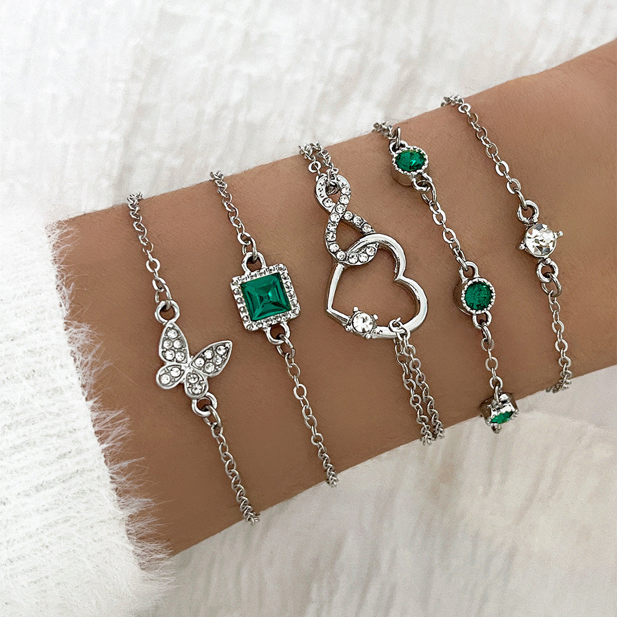 5pc Green Crystal Bracelet Set That Manifest Good Vibes Only