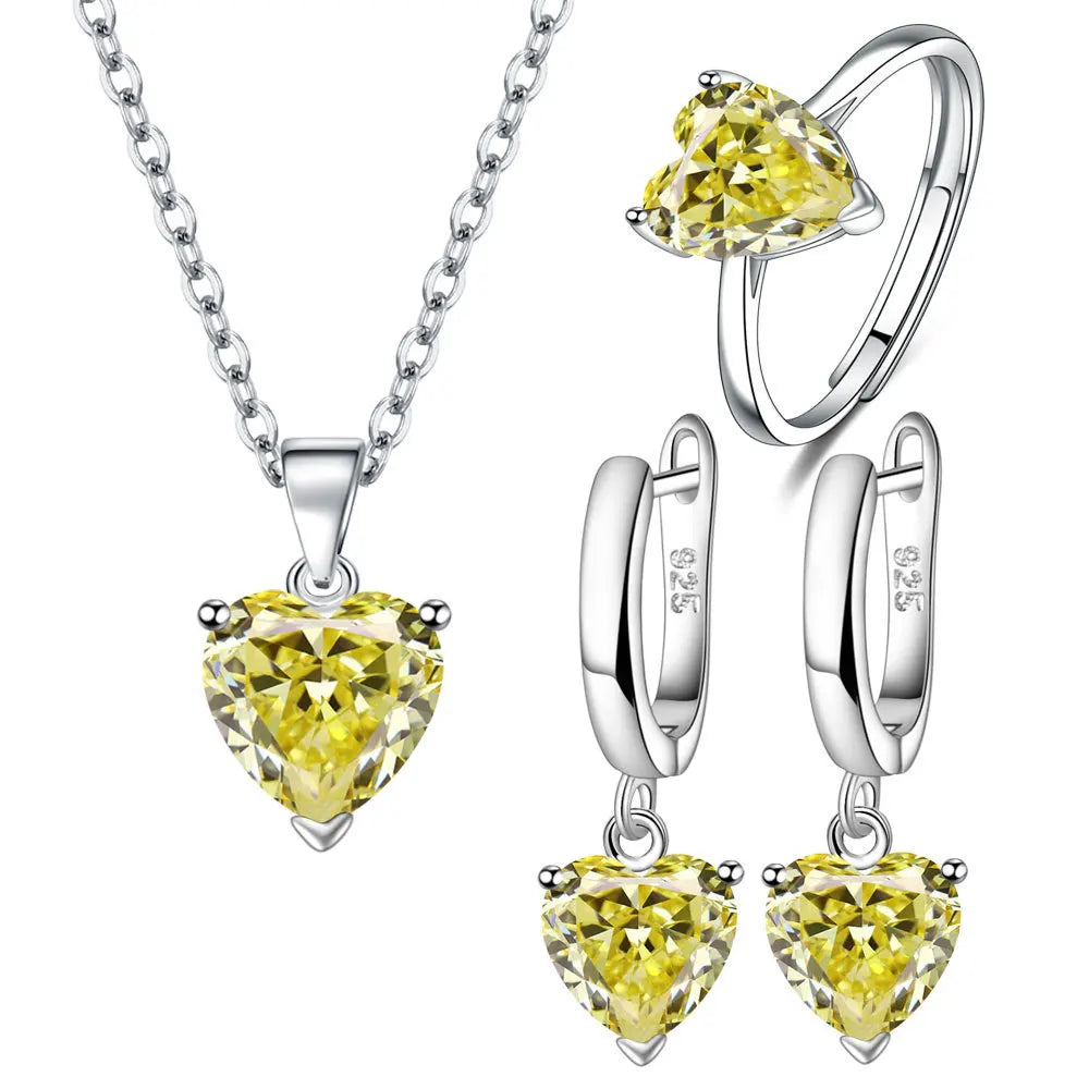 925 Sterling Silver Heart Jewelry Set for Women – Elegant Zircon Necklace, Earrings & Ring