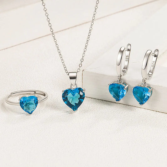 925 Sterling Silver Heart Jewelry Set for Women – Elegant Zircon Necklace, Earrings & Ring
