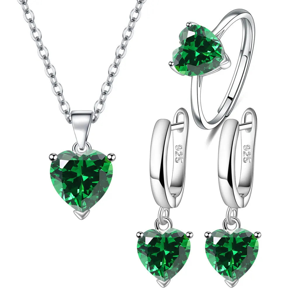 925 Sterling Silver Heart Jewelry Set for Women – Elegant Zircon Necklace, Earrings & Ring