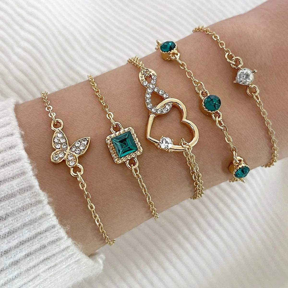 5pc Green Crystal Bracelet Set That Manifest Good Vibes Only