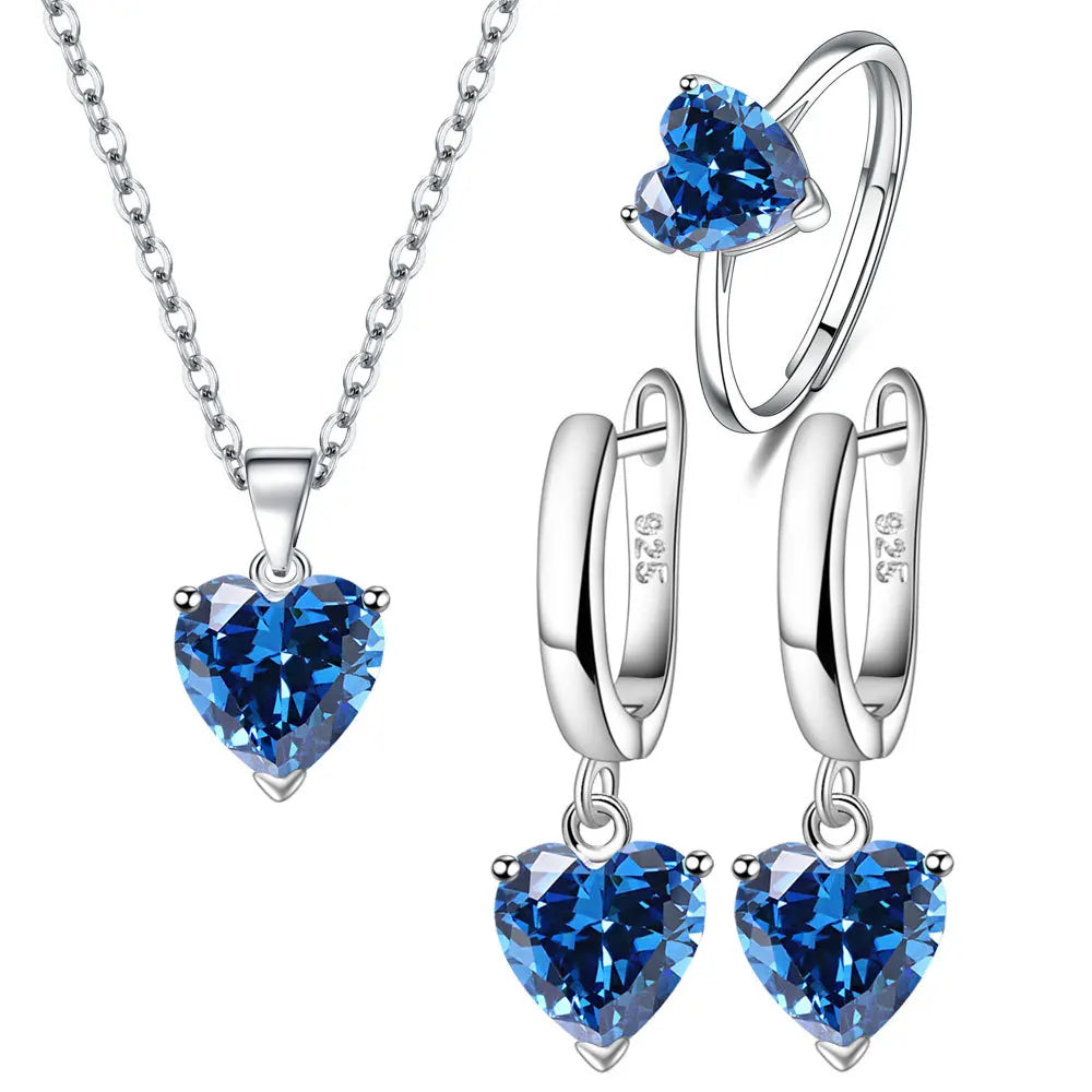 925 Sterling Silver Heart Jewelry Set for Women – Elegant Zircon Necklace, Earrings & Ring