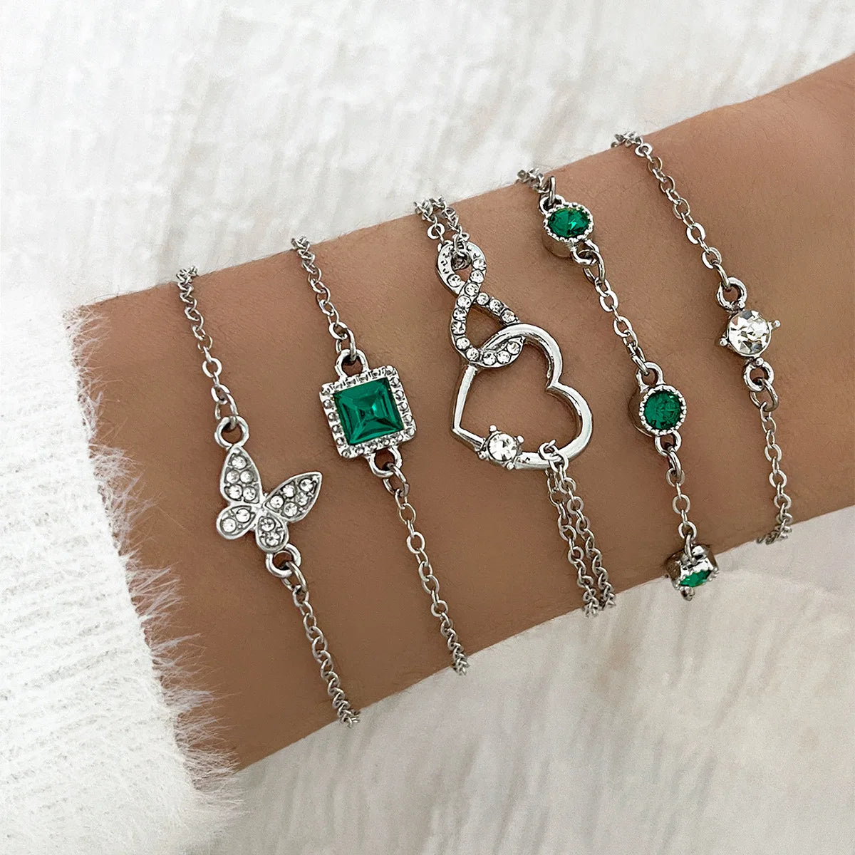 5pc Green Crystal Bracelet Set That Manifest Good Vibes Only