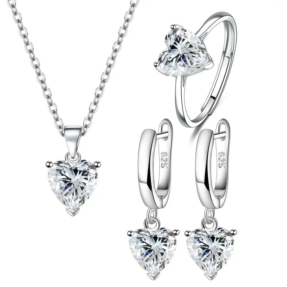 925 Sterling Silver Heart Jewelry Set for Women – Elegant Zircon Necklace, Earrings & Ring