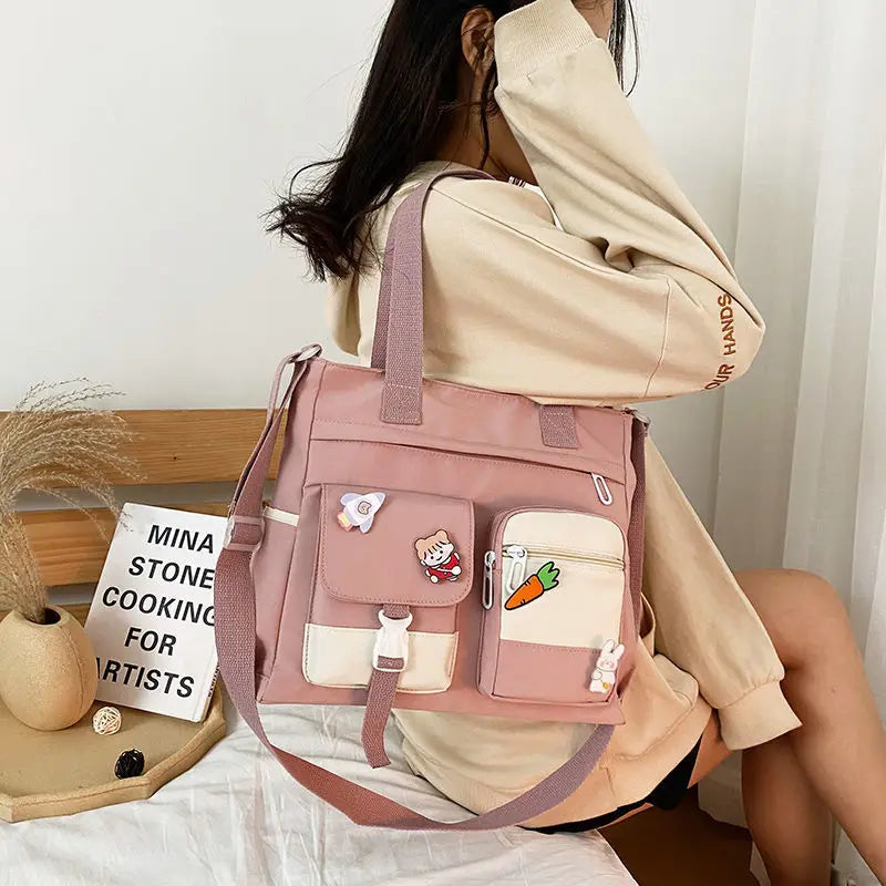 Waterproof Canvas Patchwork Shoulder Bag – Cute, Casual & Built for Daily Chaos